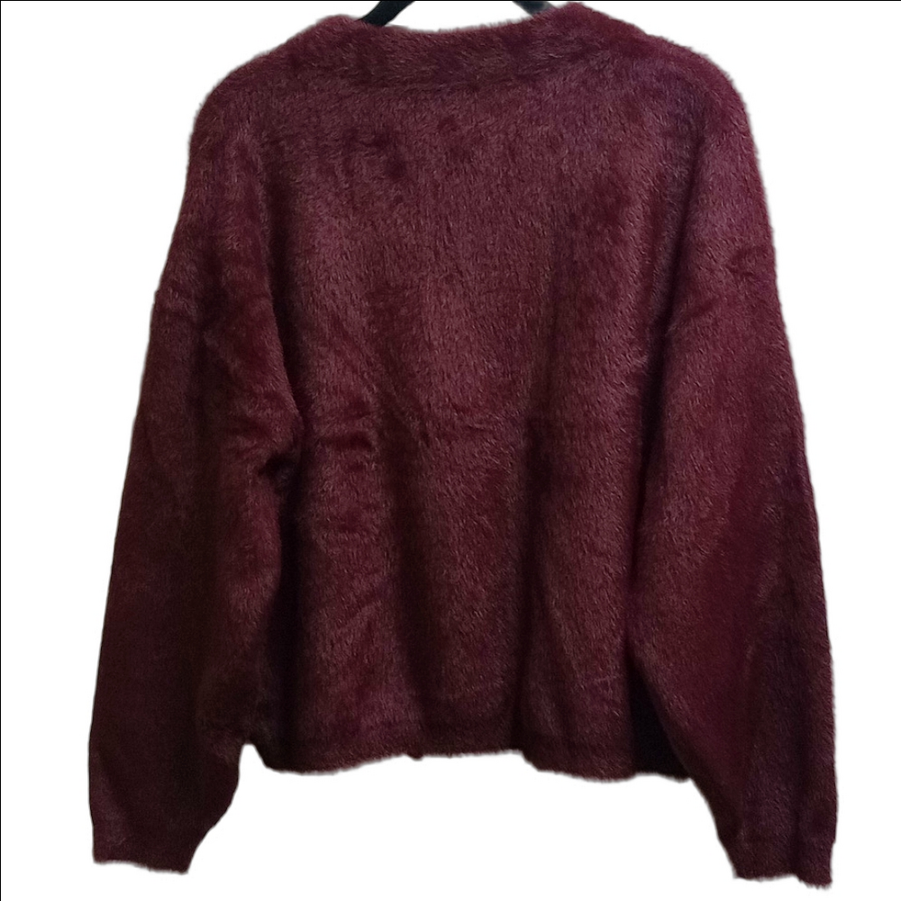 🆕 KUT "JANA" WINE BURGUNDY FUZZY OPEN FRONT CARDIGAN SWEATER WITH POCKETS - Picture 9 of 13